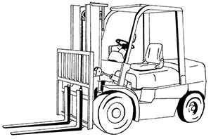 Illustration of a vehicle with wheels and an open cabin where an operator sits. At the front it has two large horizontal arms or tines that can be used to lift and move items that are on a pallet