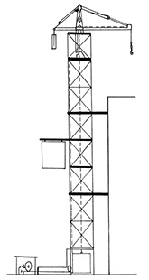 Illustration of a framework tower structure, with has an extended horizontal arm at its top. From this arm is a hook that is used to lift and move items