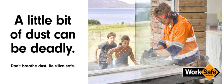 Campaign image of man cutting engineered stone while children play