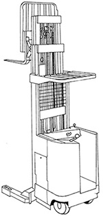Illustration of a machine that has wheels and an open platform where an operator stands. In front of this is an extended structure known as a mast. This structure has two horizontal arms or tines that can be used to lift and move items