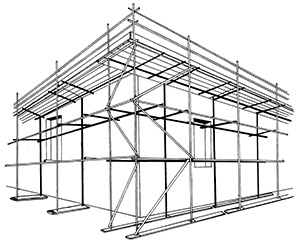 Illustration of a framework structure made of horizontal, vertical and diagonal steel tubes as struts and supports attached to bases. Horizontal planks form a platform that a person can work from 