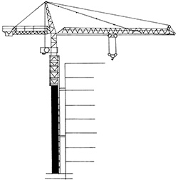 Illustration of a vertical tower made of steel cross members with a long mechanical arm that has a hook attached to enable lifting items 