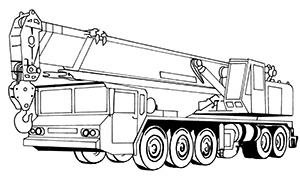 Illustration of a truck with many wheels and a low cabin at the rear, and a large steel arm at the front. At the end of the arm is a hook which can be attached to items for lifting