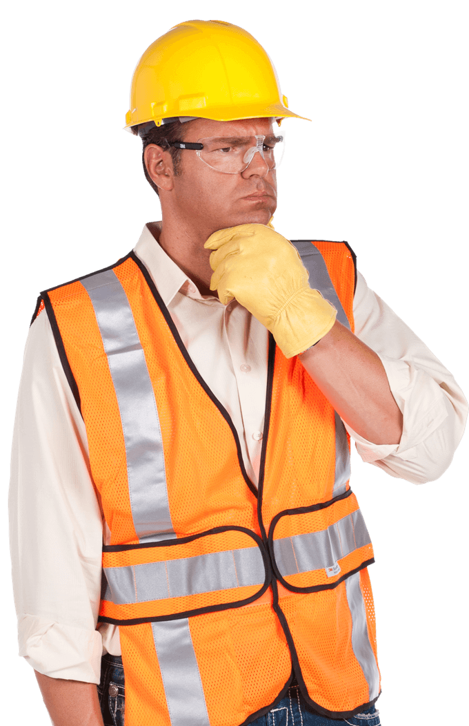 Man Wearing yellow hard hat and orange hi vis vest, holding his hand to his chin and and looking concerned