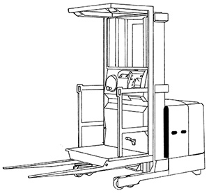 Illustration of a machine that has wheels and an open platform that an operator stands on. From this platform are two horizontal arms or tines that can be used to lift and move items