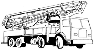 Illustration of a truck with wheels and a cabin. It has a large steel tube arm that is folded onto itself on the tray of the truck. 
