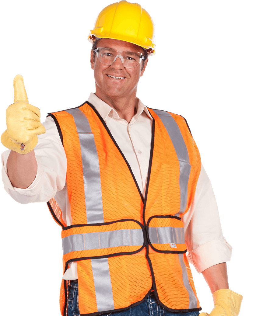 Man Wearing yellow hard hat and orange hi vis vest, giving a thumbs up sign and looking pleased