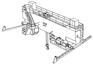 Illustration of a horizontal platform and rails that includes two overhead runways which are attached to a buildings structure. A wire and hook is attached to the horizontal platform to lift items