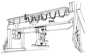 Illustration of a horizontal metal beam with supports at either end so it forms a bridge. The supports are attached at ground level with a lifting mechanism attached to the bridge that can lift items