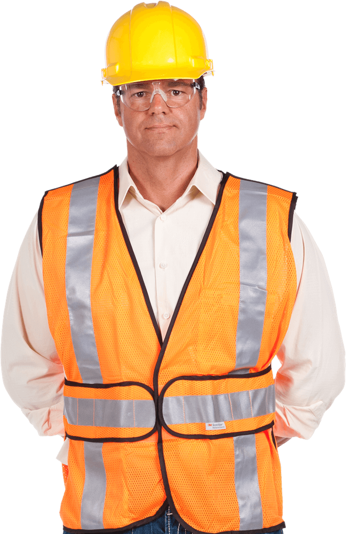 Man Wearing yellow hard hat and orange hi vis vest