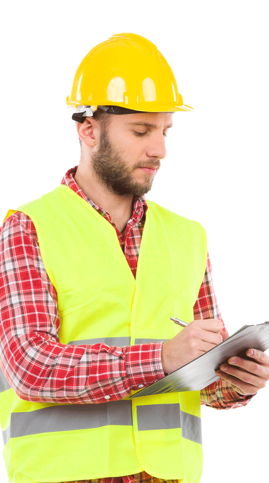 Man Wearing yellow hard hat and hi vis vest looking at clipboard