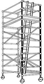 Illustration of framework erected into a tower structure made of horizontal and vertical steel tubes as struts and supports. It has lockable wheels on each of the four legs. There is a ladder that a person can climb to access a platform to work from higher levels 