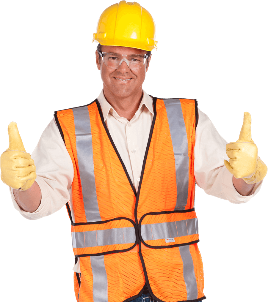 Man Wearing yellow hard hat and orange hi vis vest, giving  thumbs up sign with both hands and looking pleased