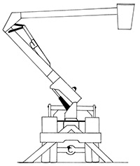 Illustration of a large steel arm structure that is attached to a truck with wheels and is supported by legs. The arm is hinged and can fold in the middle. At the end of this folded arm is a bucket from which a person can work or materials can be lifted up in 