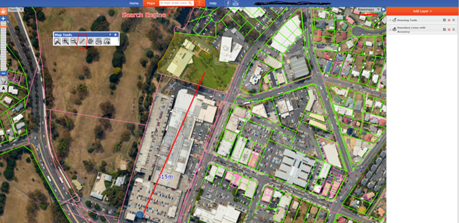 image shows how you can use TheList to estimate the exact distance between two locations (in this case, between the lawns at the Clarence Council chambers and the southern end of the Eastlands carpark)